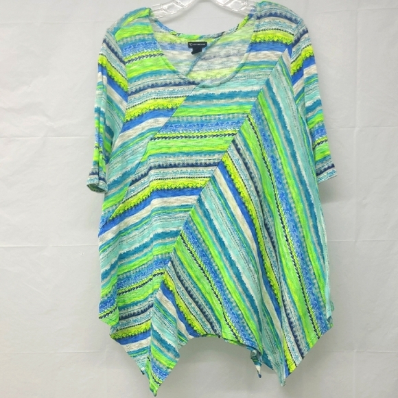 Tunic Top Patchwork Knit Blue Neon Green White Hankercheif Hem Elbow Sleeves - Picture 1 of 9
